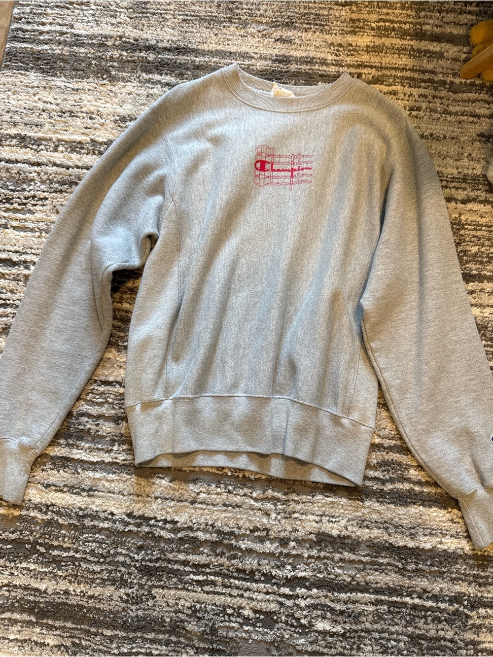 Champion Light Gray Crewneck Sweatshirt with Pink Logo